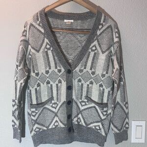 Cardigan Womens Small Gray Grandpa Geometric Knit Button Front Cozy Cabin Preppy